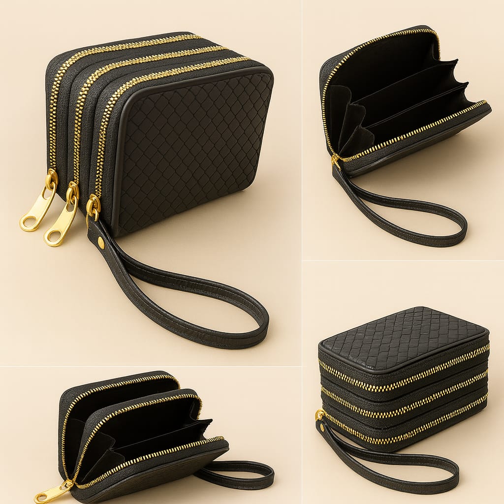 Women’s Triple Zipper Wallet with Wrist Strap Black for 1 KD in Kuwait