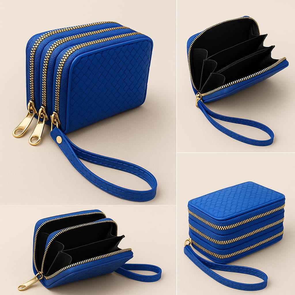 Women’s Triple Zipper Wallet with Wrist Strap Blue for 1 KD in Kuwait