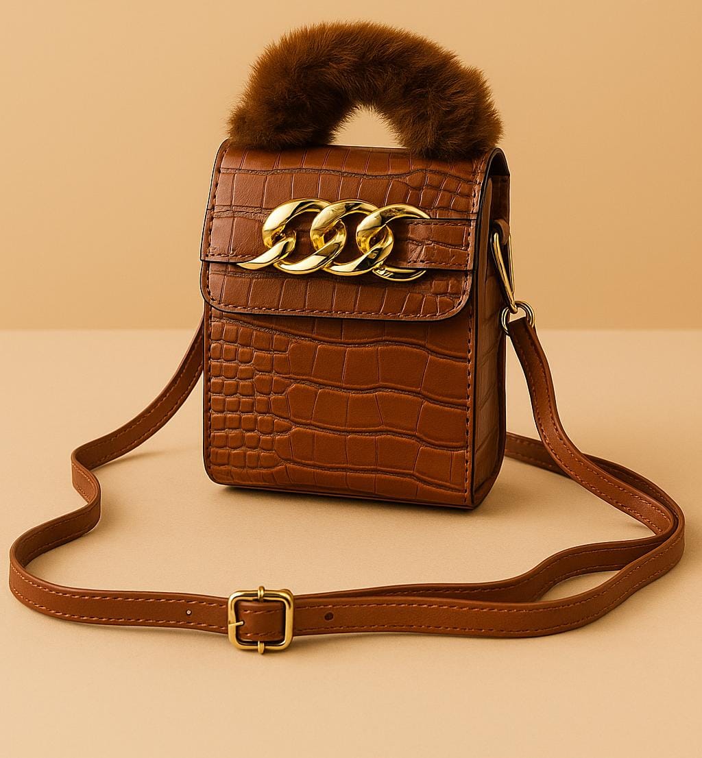 Luxury Brown Crossbody Mini Bag with Faux Fur Handle & Gold Chain for 1 KD in Kuwait