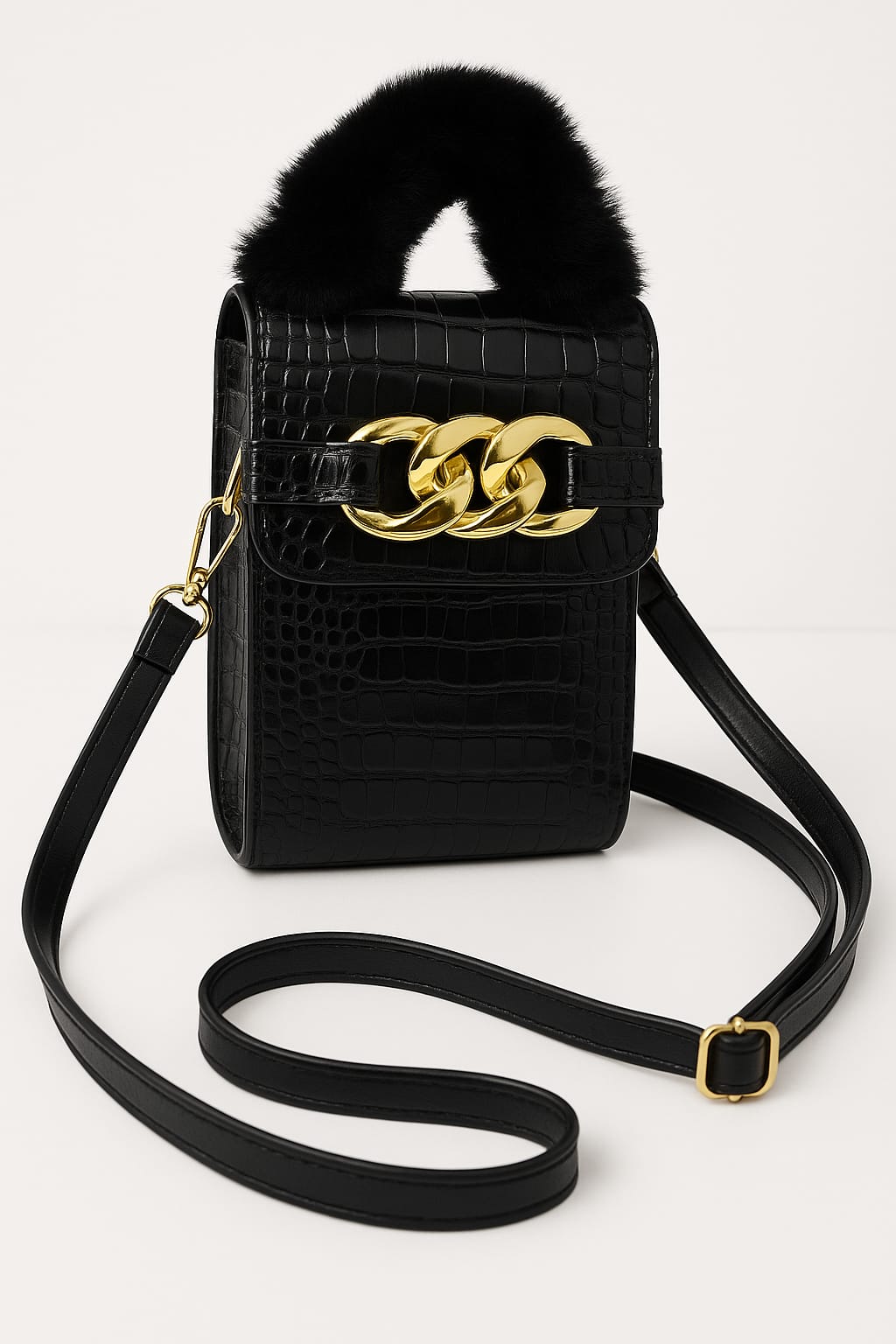 Luxury Black Crossbody Mini Bag with Faux Fur Handle & Gold Chain for 1 KD in Kuwait