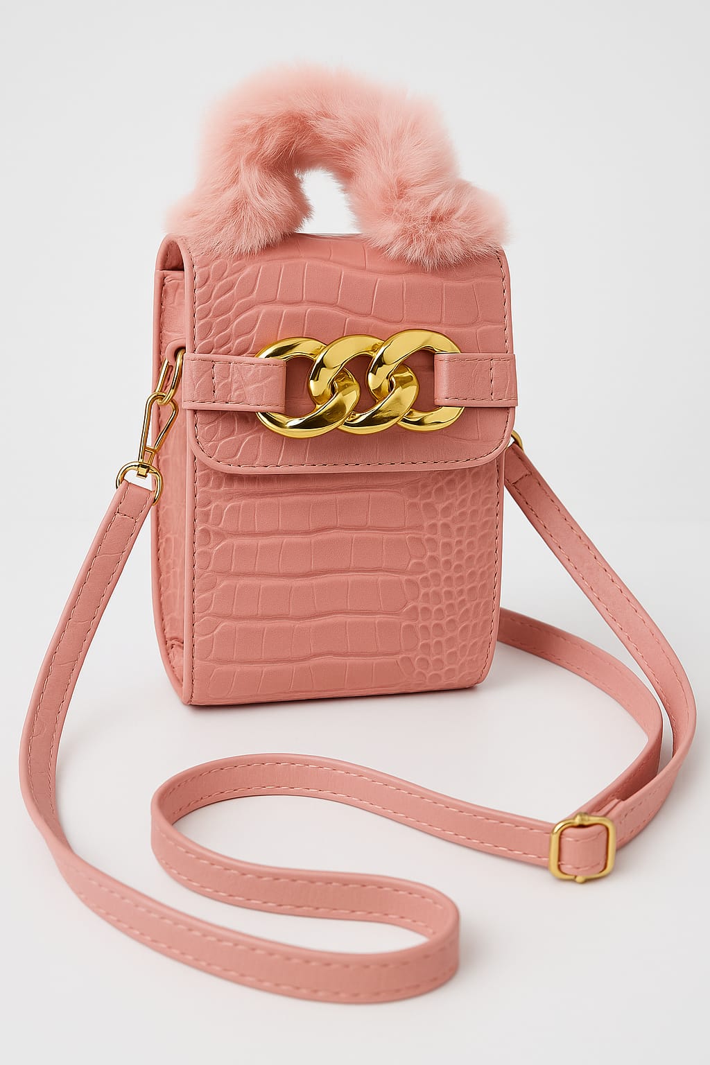 Luxury Pink Crossbody Mini Bag with Faux Fur Handle & Gold Chain for 1 KD in Kuwait