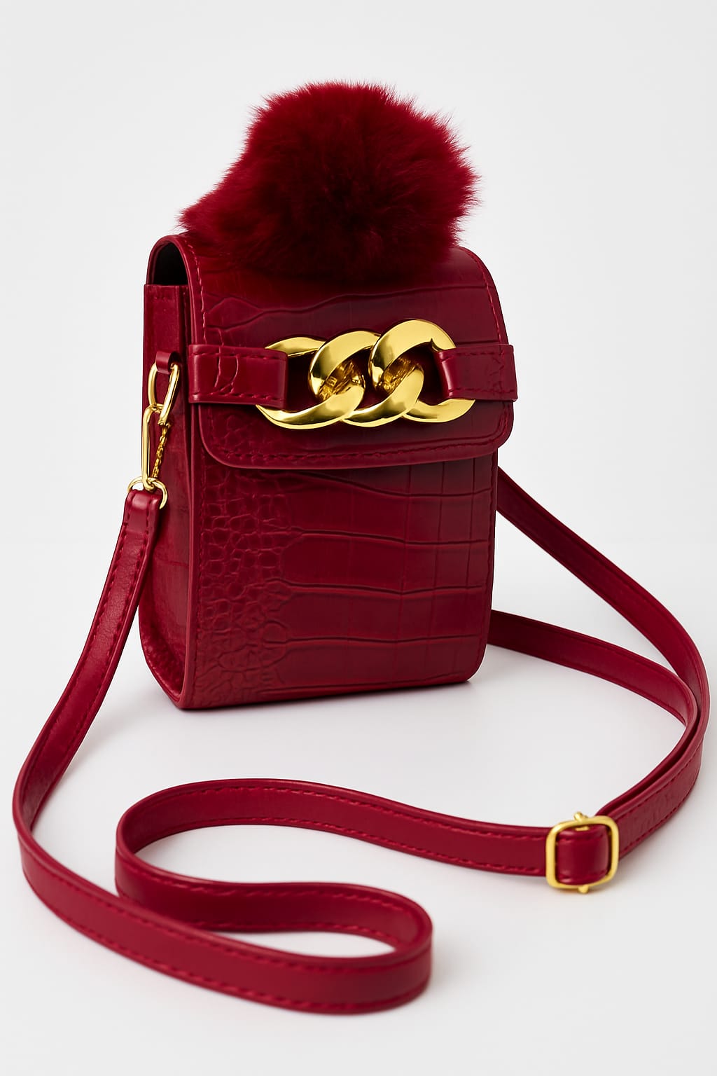Luxury Red Crossbody Mini Bag with Faux Fur Handle & Gold Chain for 1 KD in Kuwait