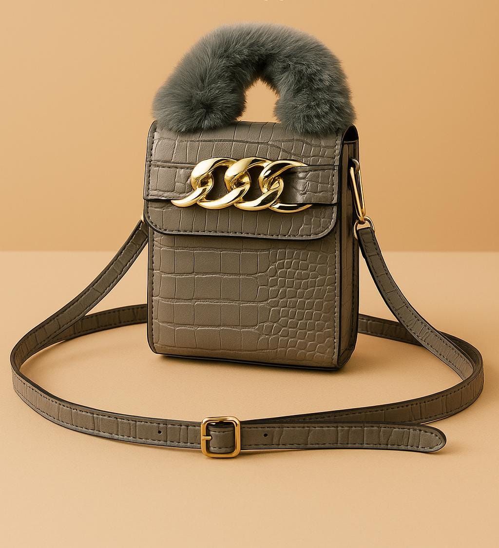 Luxury Grey Crossbody Mini Bag with Faux Fur Handle & Gold Chain for 1 KD in Kuwait