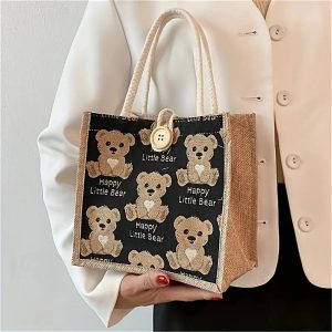 Happy Little Bear Jute Tote Bag