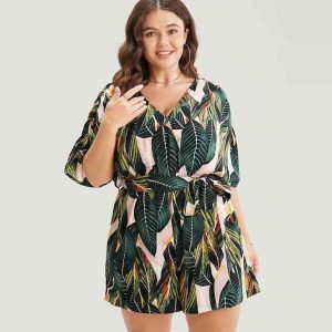 Tropical Bloom Plus Size Wrap Romper - Green