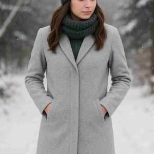Wool Blend Long Coat for Women Light Grey