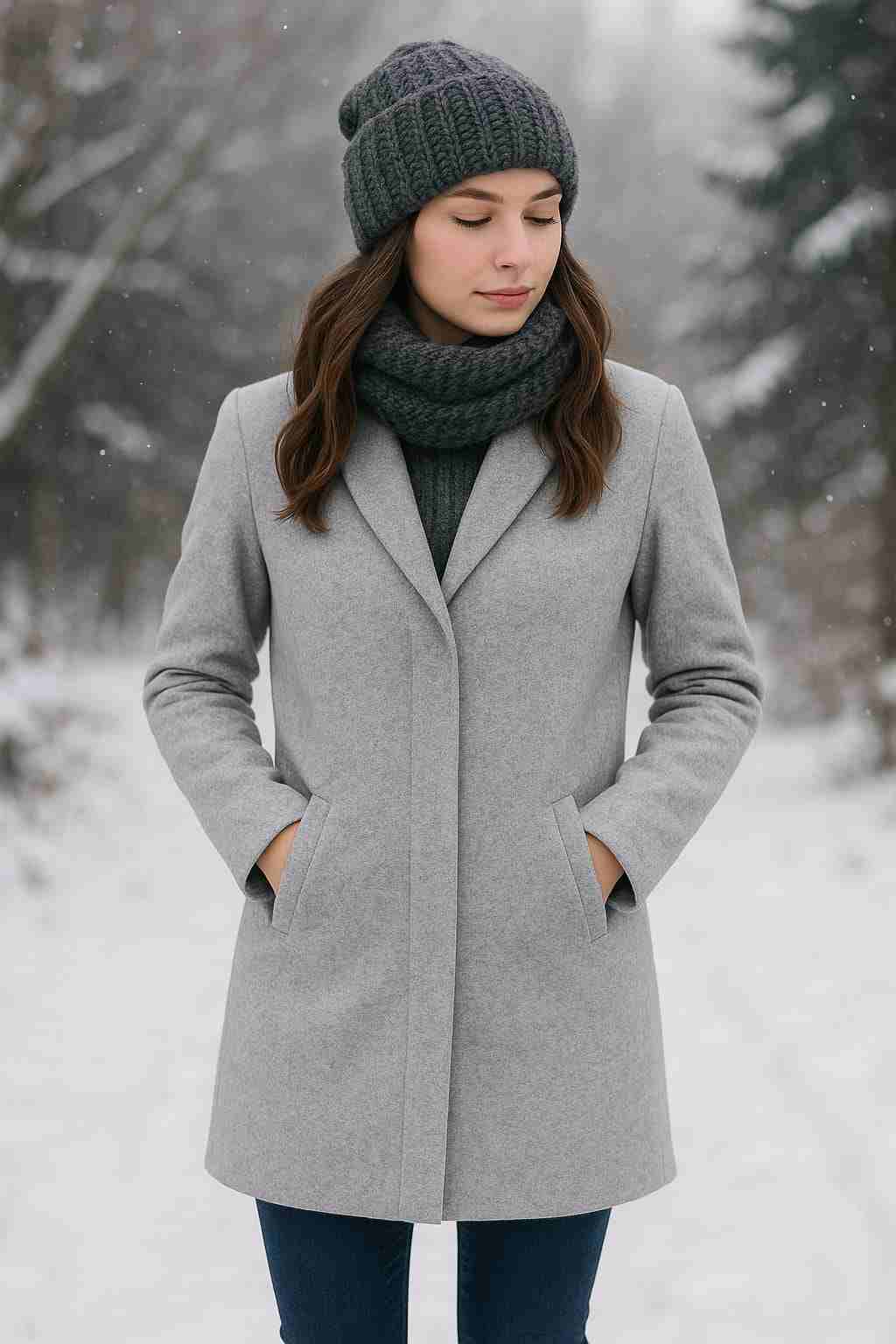 Wool Blend Long Coat for Women Light Grey