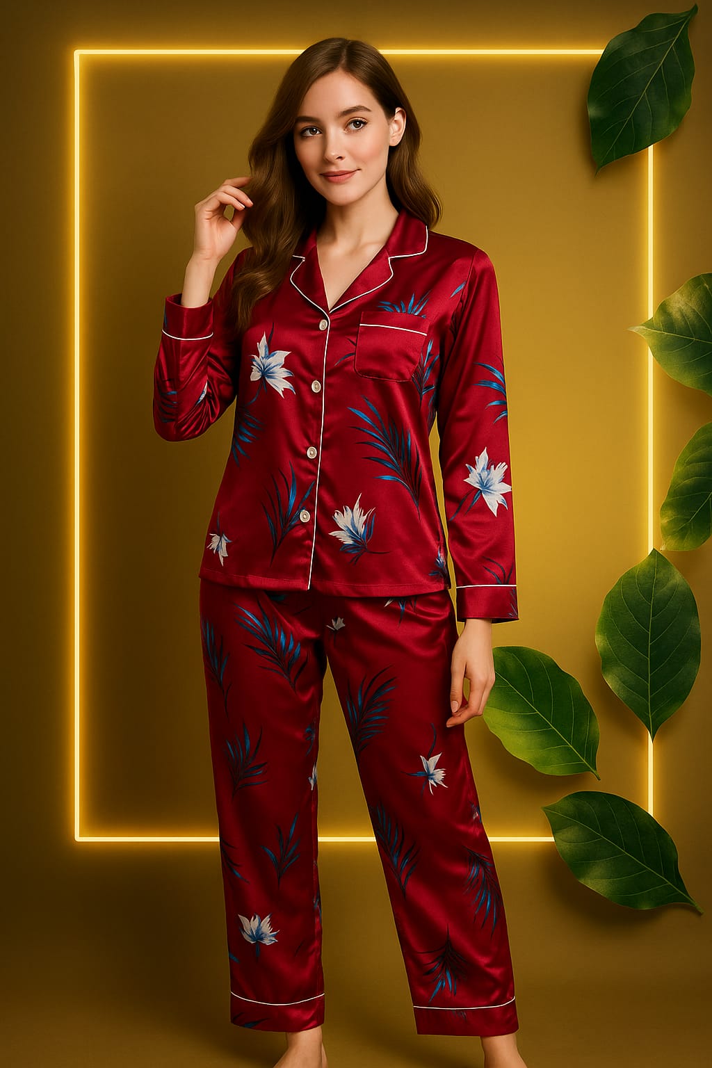 Luxury Satin Floral Night Suit Set Purchase Luxury Satin Pajama Suit For 1KD in Kuwait