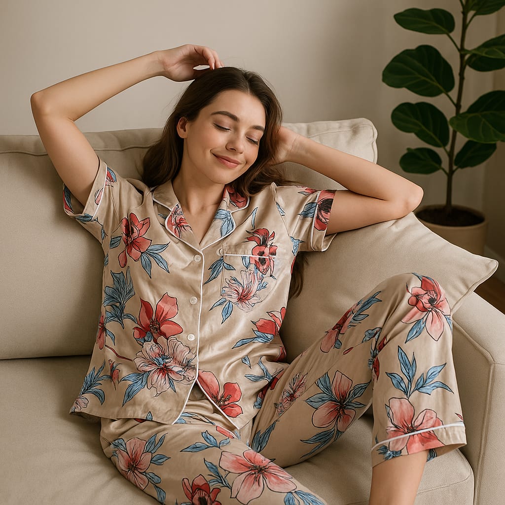 Luxury Satin Floral Night Suit Set Get Satin Floral Sleepwear Set For 1KD in Kuwait