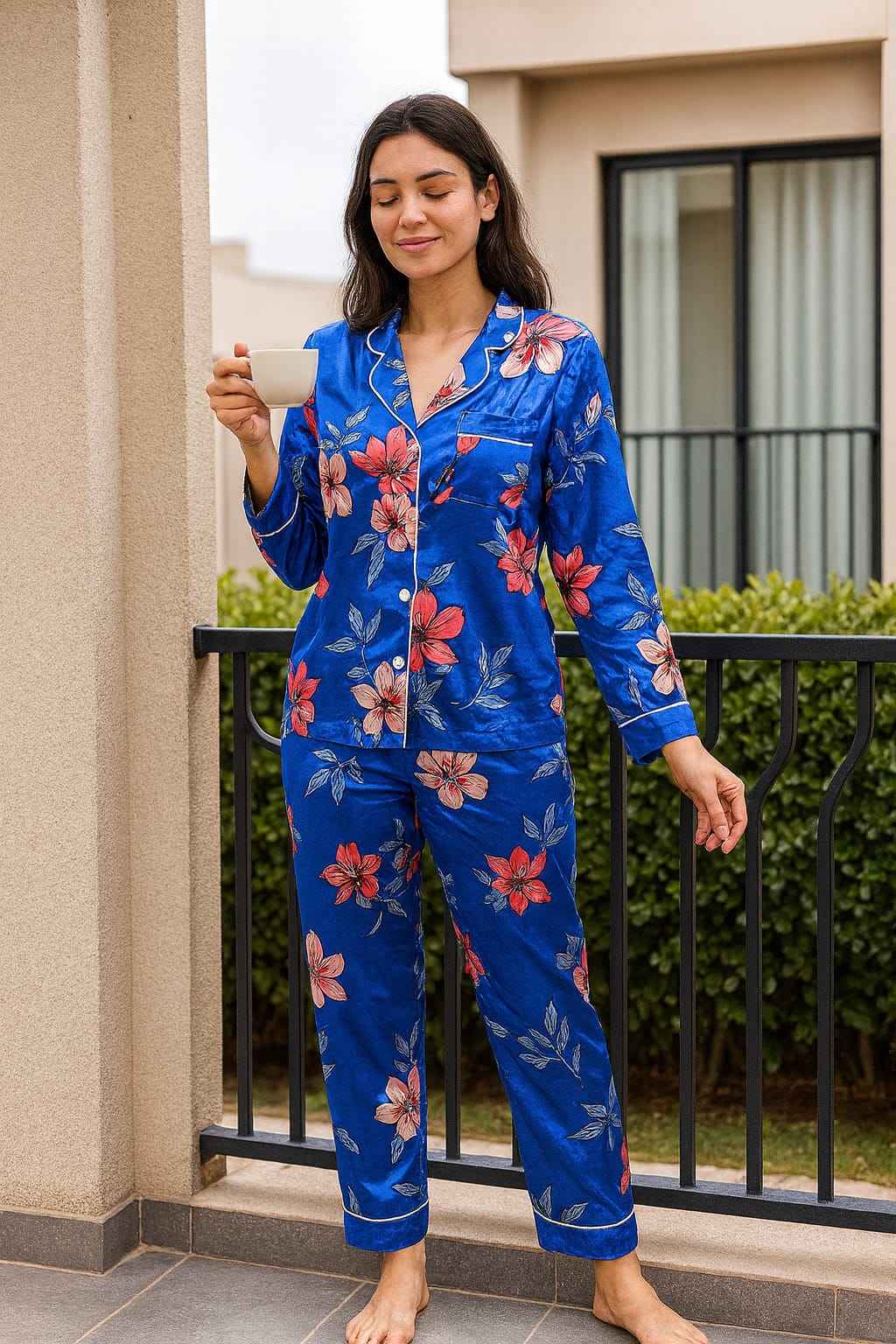 Luxury Satin Floral Night Suit Set Order Satin Floral Pajama Set Online For 1KD in Kuwait