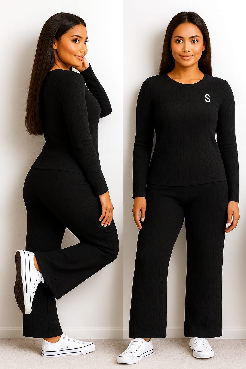 Shop Black Cozy 2-Piece Ribbed Suit For 1KD in Kuwait