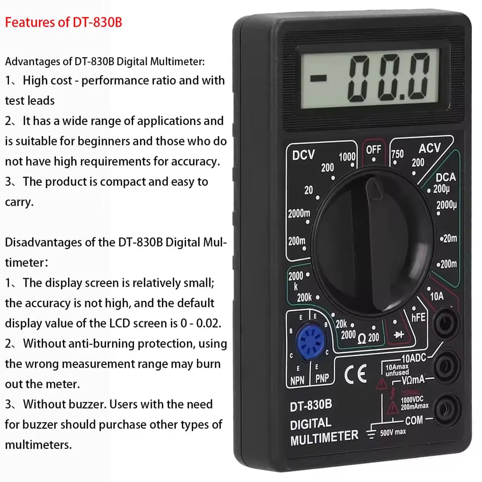 DT-830B Digital Multimeter – Multi-Function AC/DC Voltage, Current, Resistance Tester Shop Digital Multi-Function Tester For 1KD in Kuwait
