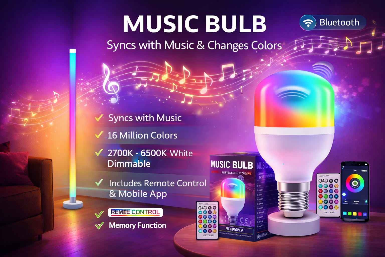 RGB Smart LED Mood Light Bulb with Remote Shop RGB LED Color Changing Bulb For 1KD in Kuwait