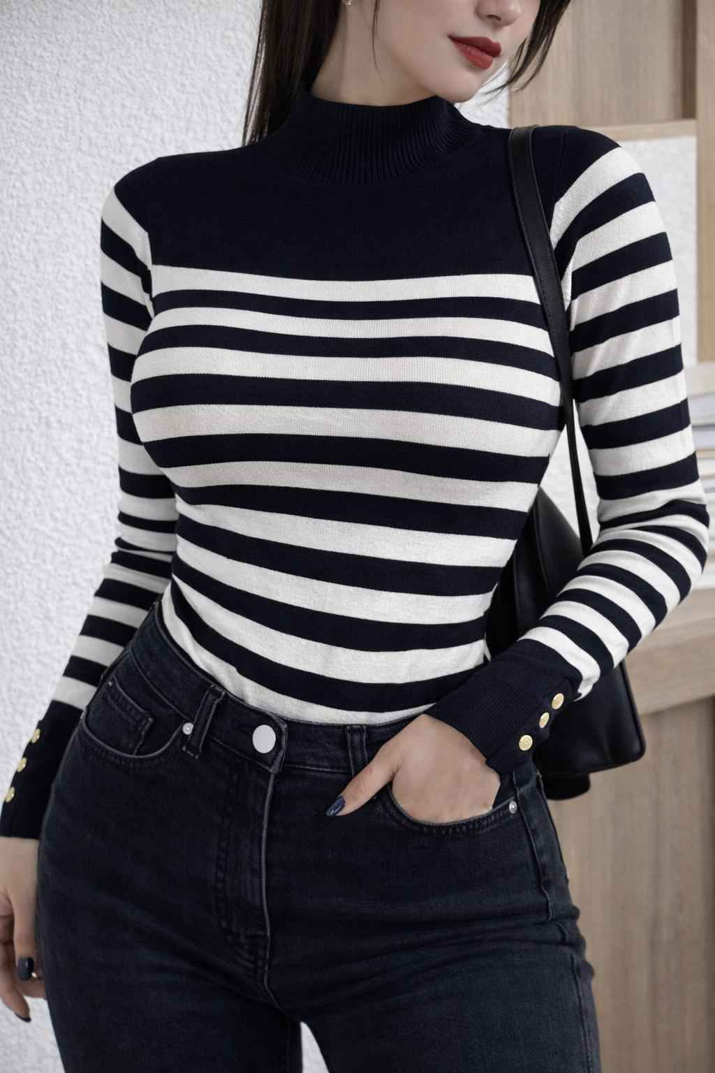 Buy Black White Striped High-Neck Sweater For 1KD in Kuwait