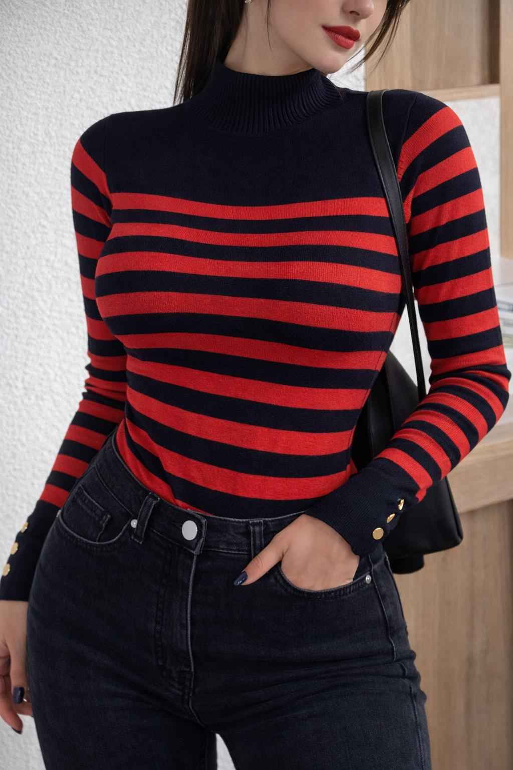 Shop Red Black High-Neck Striped Sweater For 1KD in Kuwait