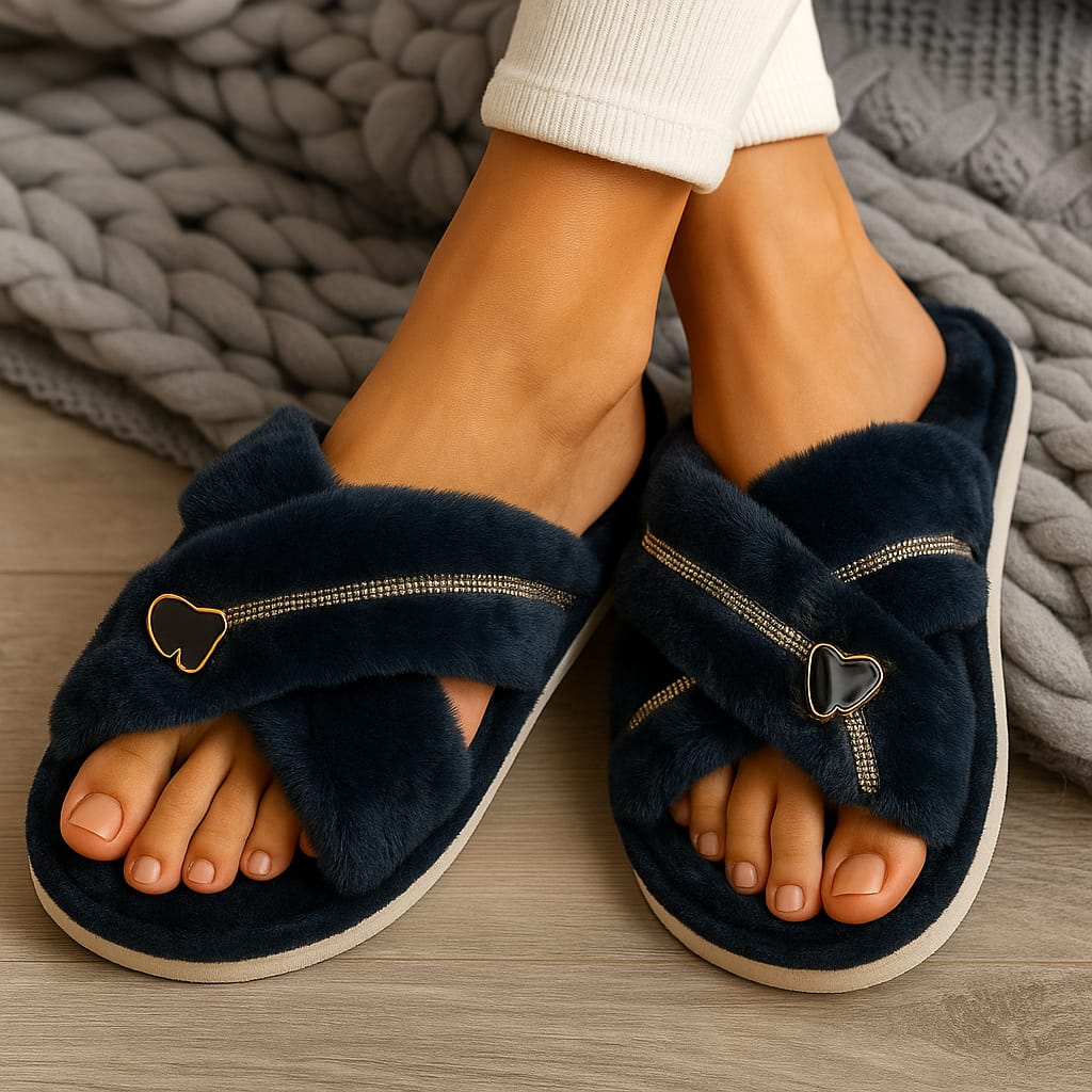 Buy Black Heart Charm Plush Slippers For 1KD in Kuwait