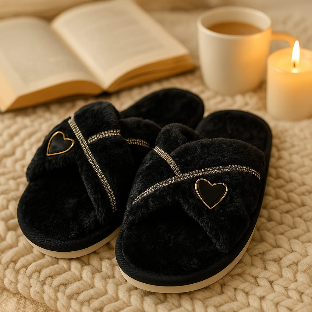 Buy Black Heart Charm Plush Slippers For 1KD in Kuwait
