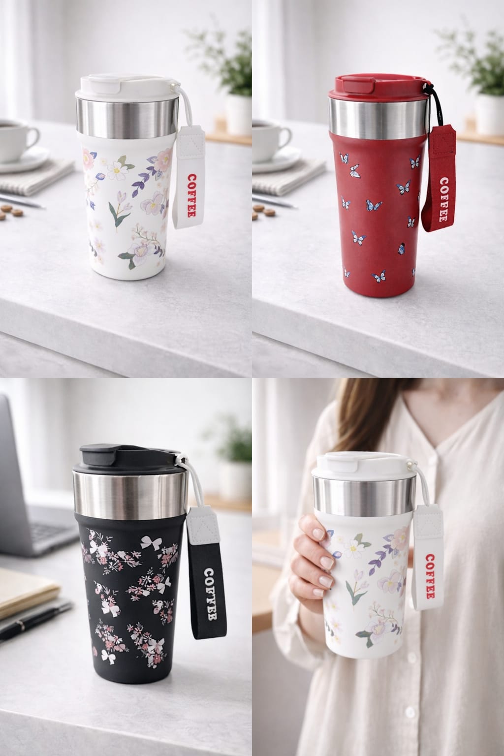 Floral Stainless Steel Travel Coffee Mug with Lid 500ml Get Floral Travel Coffee Mug 500ml Now For 1KD in Kuwait