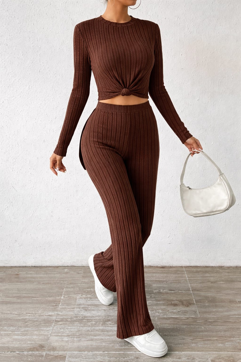 Buy Dark Brown Ribbed 2-Piece Lounge Set For 1KD in Kuwait
