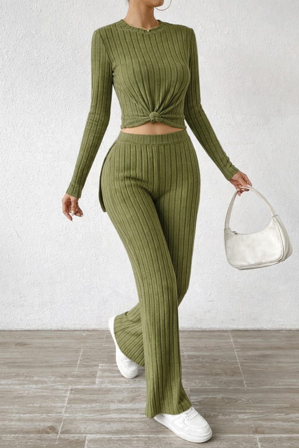 Order Olive Green Ribbed Lounge Set Now For 1KD in Kuwait