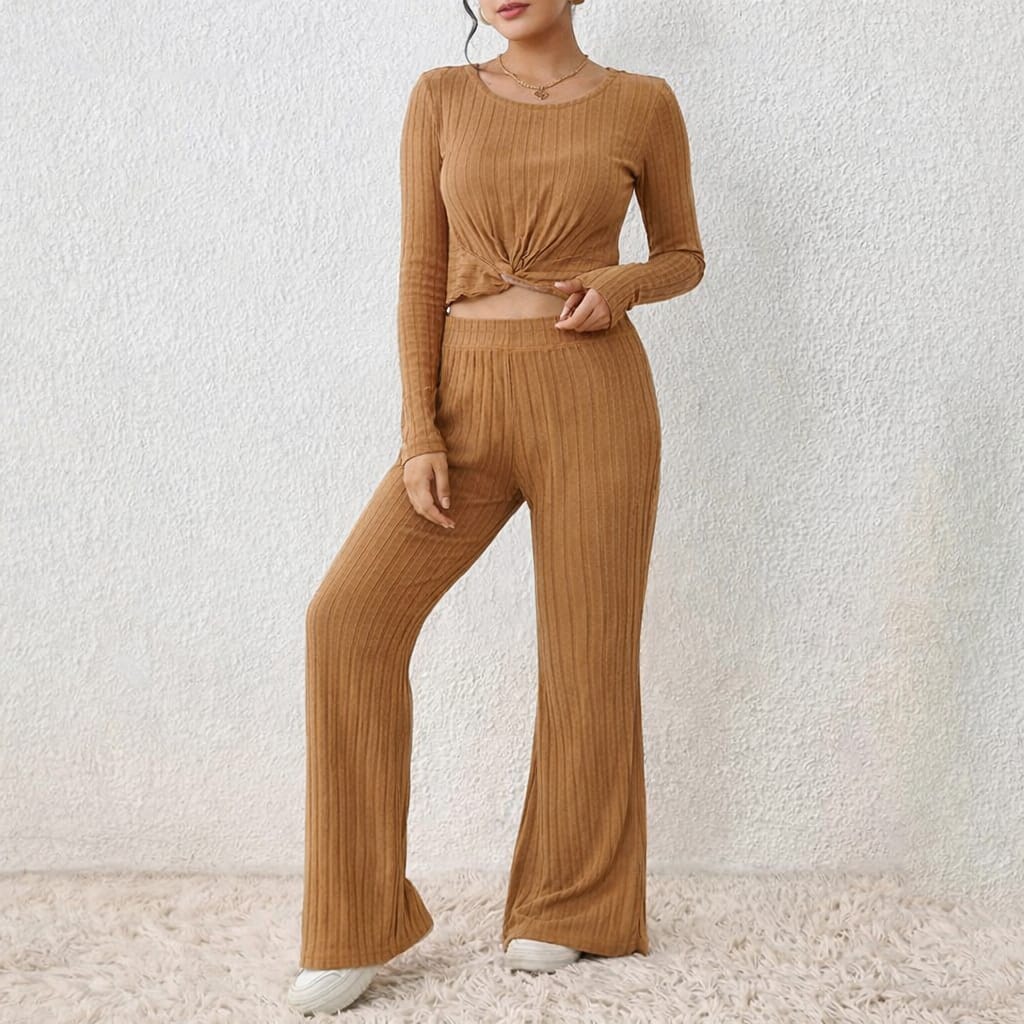 Buy Brown Ribbed 2-Piece Lounge Set For 1KD in Kuwait