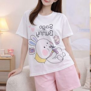 Cute Cartoon Print Nightwear Set for Women – Soft Cotton T-Shirt & Shorts