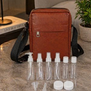 Premium Travel Toiletry Bottle Set with Leather Crossbody Organizer Bag (Portable Refillable Kit)