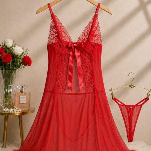 Women’s Sheer Lace Babydoll Nightdress Set with Matching Thong