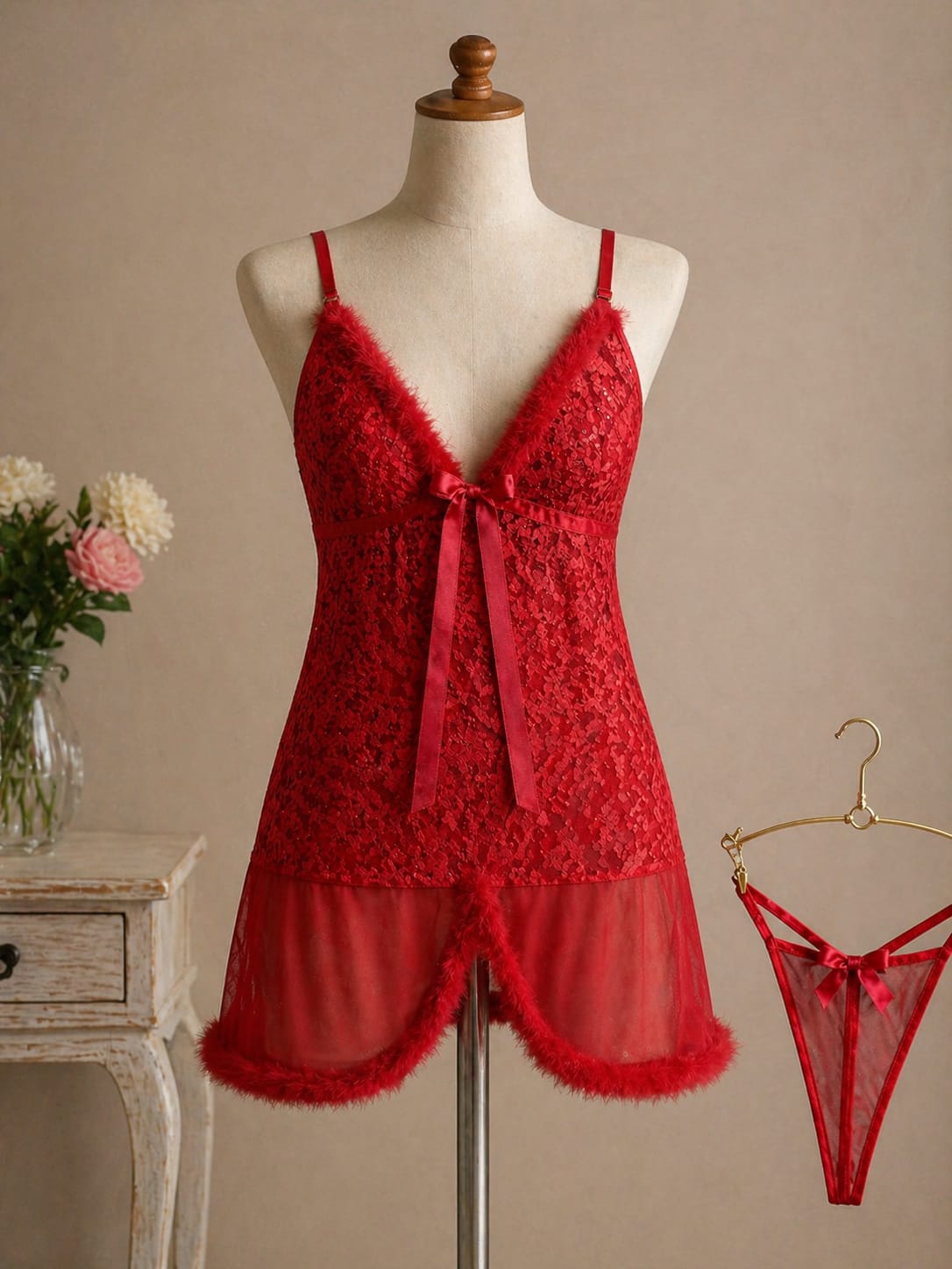 Women's sheer lace babydoll lingerie set
