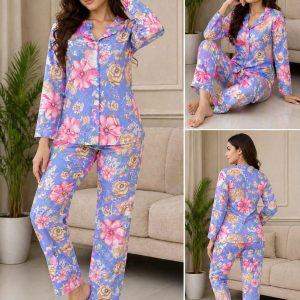 Women’s Floral Cotton Night Suit Set – Full Sleeve Button Front Pajama Co-Ord Set