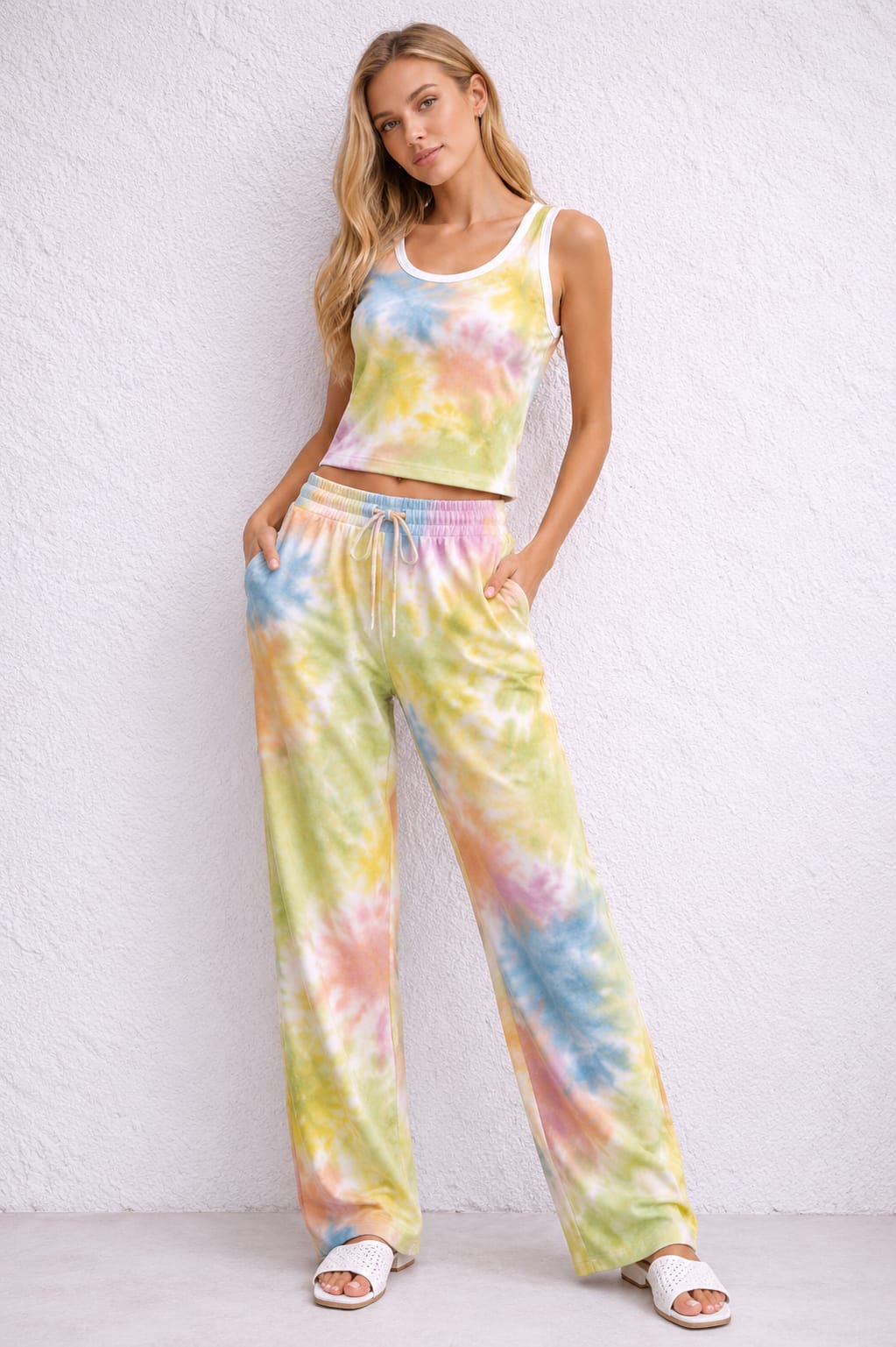 Women's Tie-Dye Lounge Set Sleeveless Tank Top Yellow