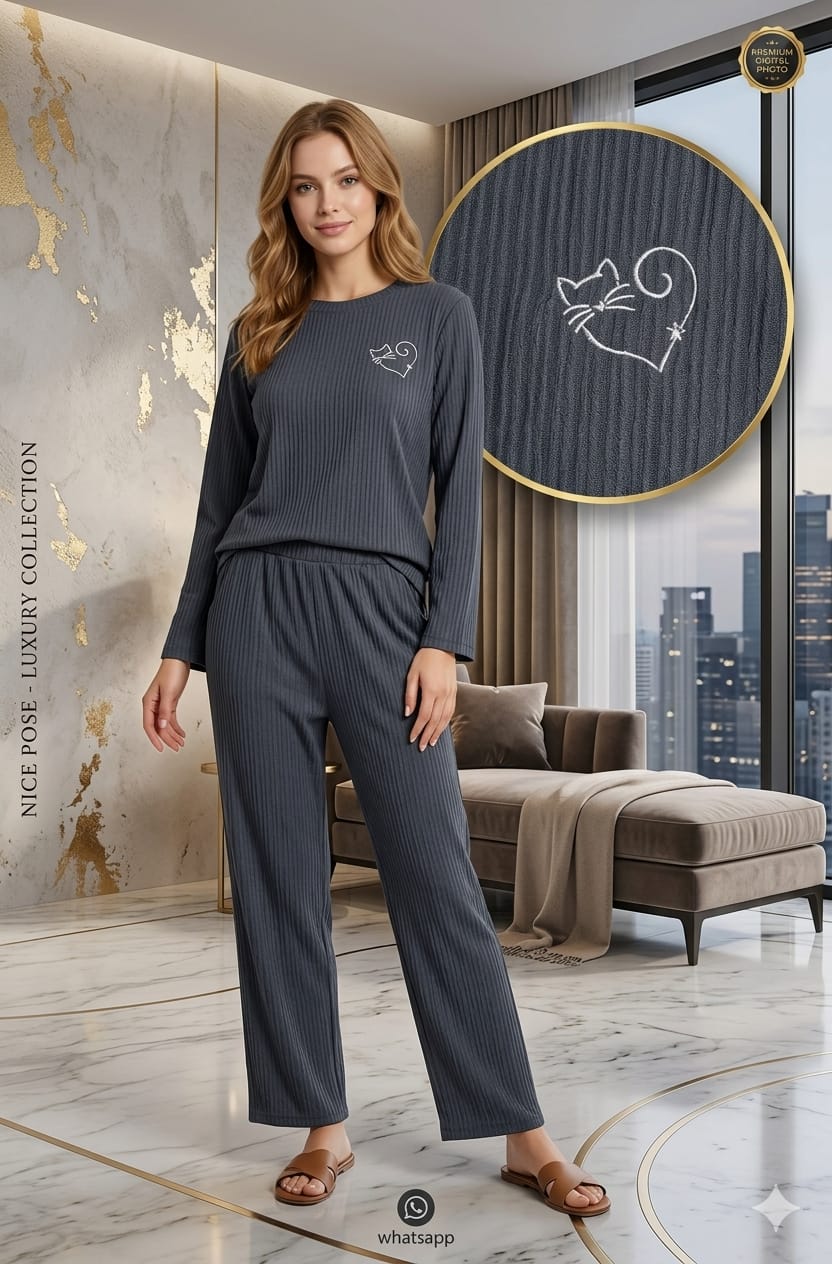 Women's Ribbed Lounge Co-Ord Set Grey Wide Leg Pants Women's Ribbed Lounge Co-Ord Set Grey Wide Leg Pants