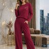 Women's Ribbed Lounge Co-Ord Set Burgundy Wide Leg Pants Women's Ribbed Lounge Co-Ord Set Burgundy Wide Leg Pants