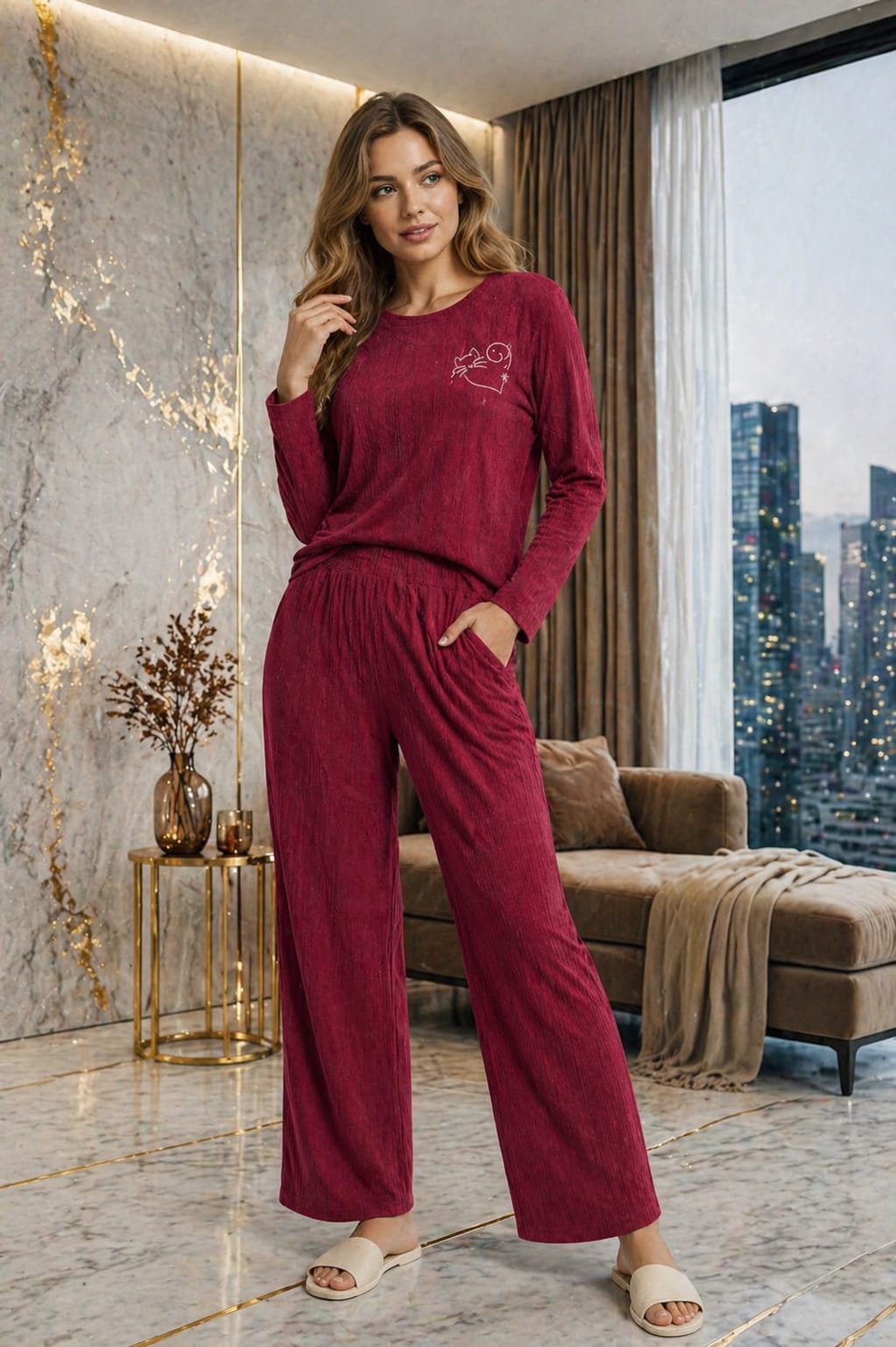 Women's Ribbed Lounge Co-Ord Set Burgundy Wide Leg Pants Women's Ribbed Lounge Co-Ord Set Burgundy Wide Leg Pants