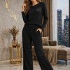 Women's Ribbed Lounge Co-Ord Set Black Wide Leg Pants Women's Ribbed Lounge Co-Ord Set Black Wide Leg Pants