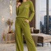 Women's Ribbed Lounge Co-Ord Set Olive Green Wide Leg Pants Women's Ribbed Lounge Co-Ord Set Olive Green Wide Leg Pants