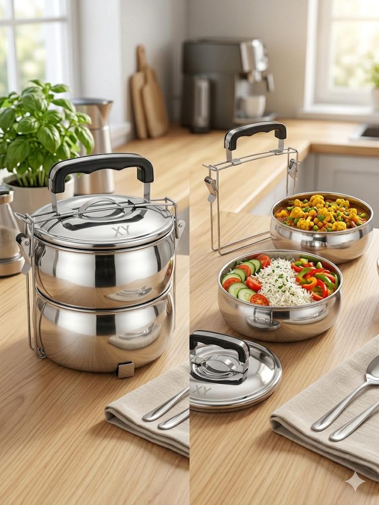 Silver Black Handle 2-Tier Stainless Steel Lunch Carrier Silver Black Handle 2-Tier Stainless Steel Lunch Carrier