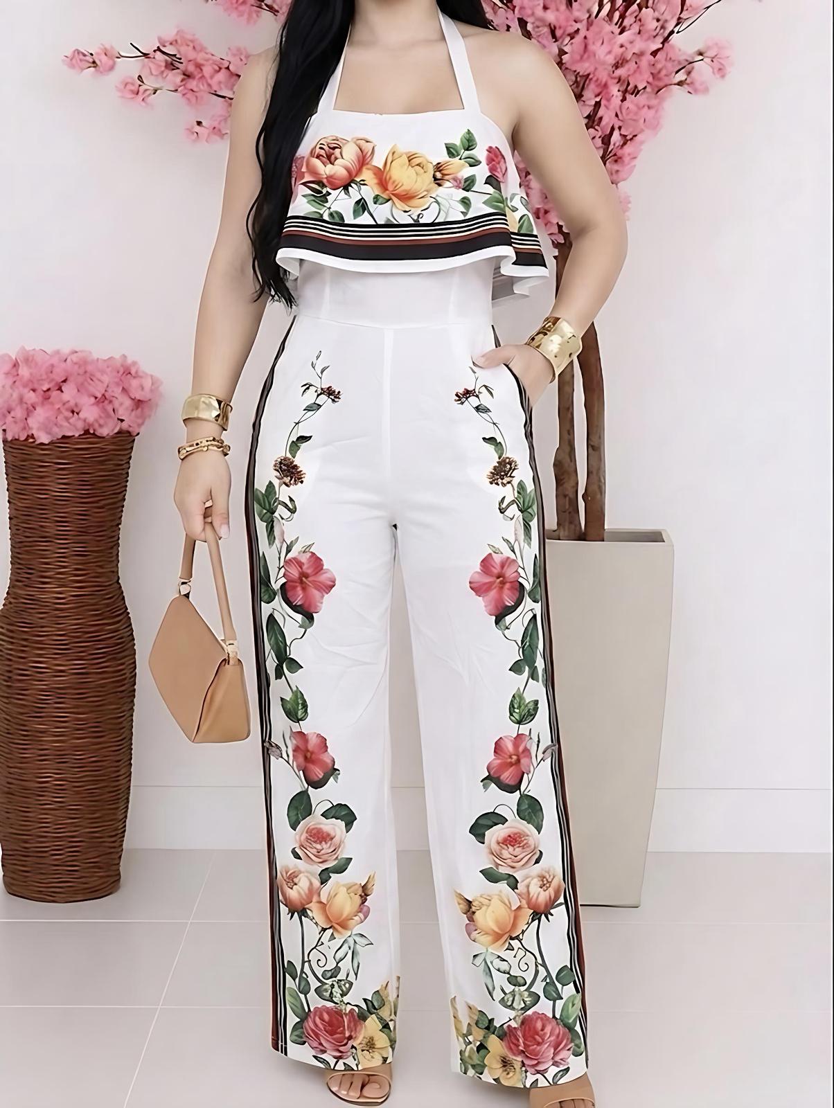 Floral Print Halter Neck Wide-Leg Jumpsuit White