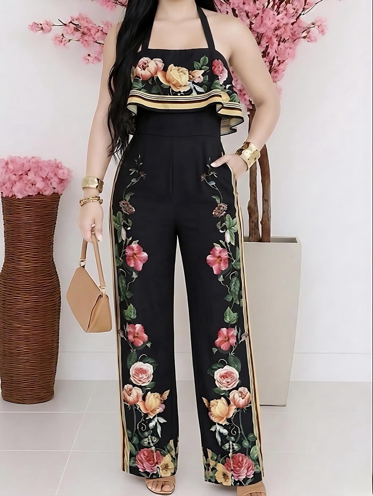 Floral Print Halter Neck Wide-Leg Jumpsuit Black