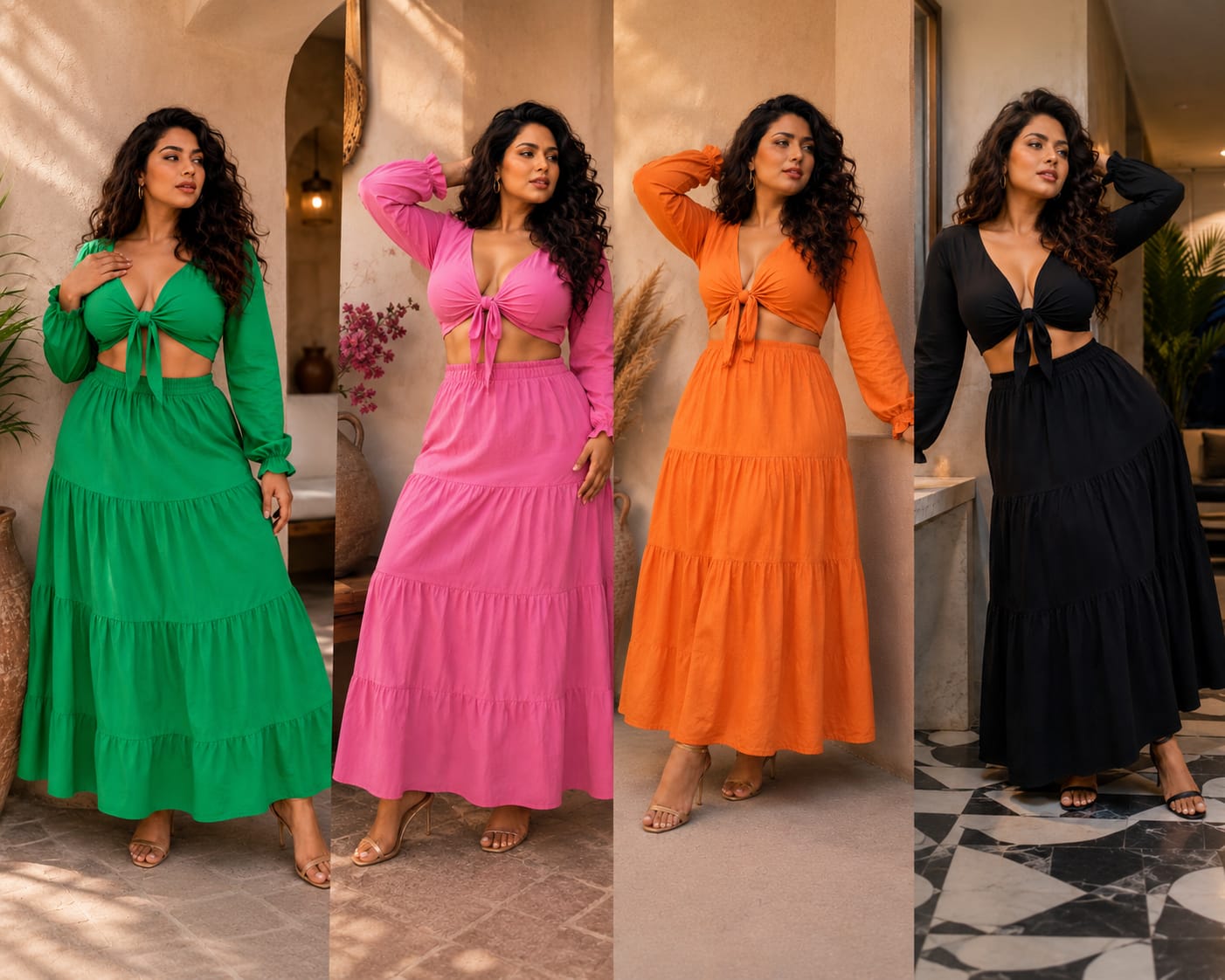 Tie-Front Crop Top Tiered Maxi Skirt Co-Ord Set