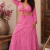 Tie-Front Crop Top Tiered Maxi Skirt Co-Ord Set Pink
