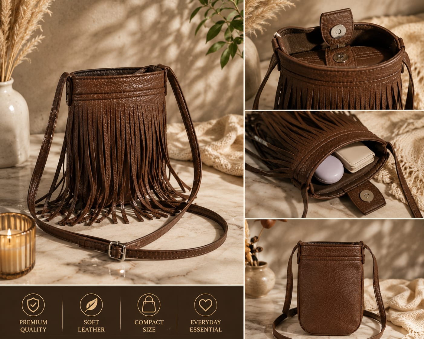 Boho Sling Bag Adjustable Strap Faux Leather Boho Sling Bag Adjustable Strap Faux Leather
