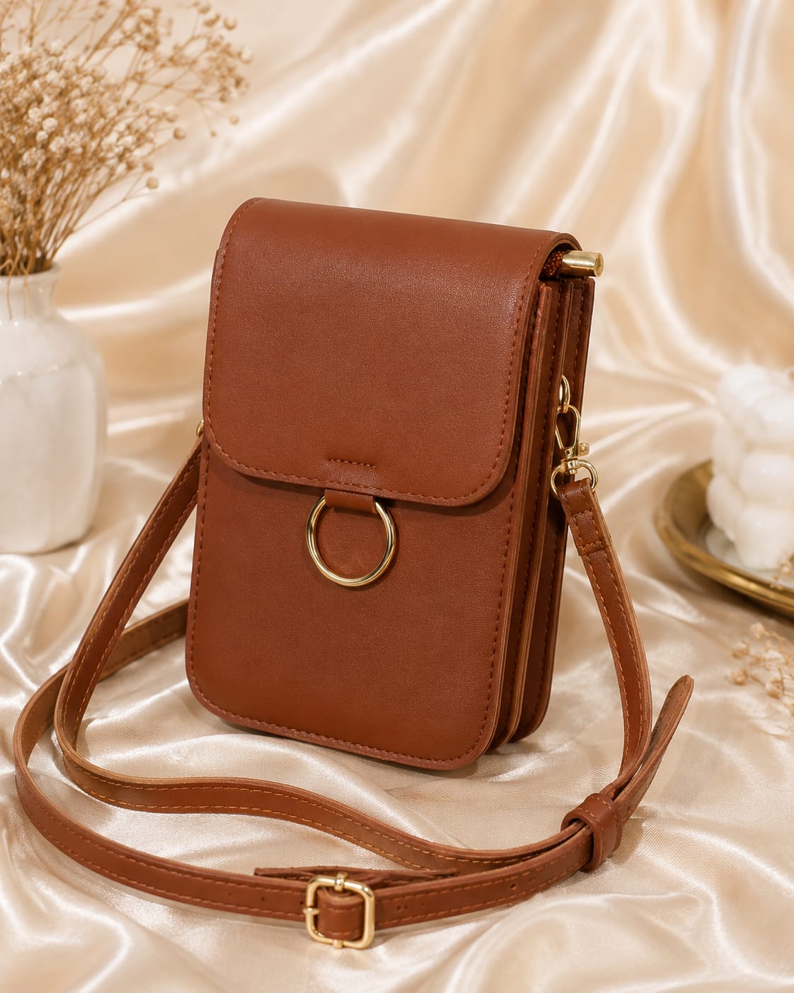 Brown Elegant Ring Accent Mini Crossbody Phone Bag