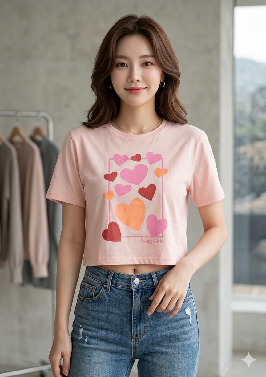 Swag Girls Heart Print Crop Tee Top Set Pink 2 Pcs