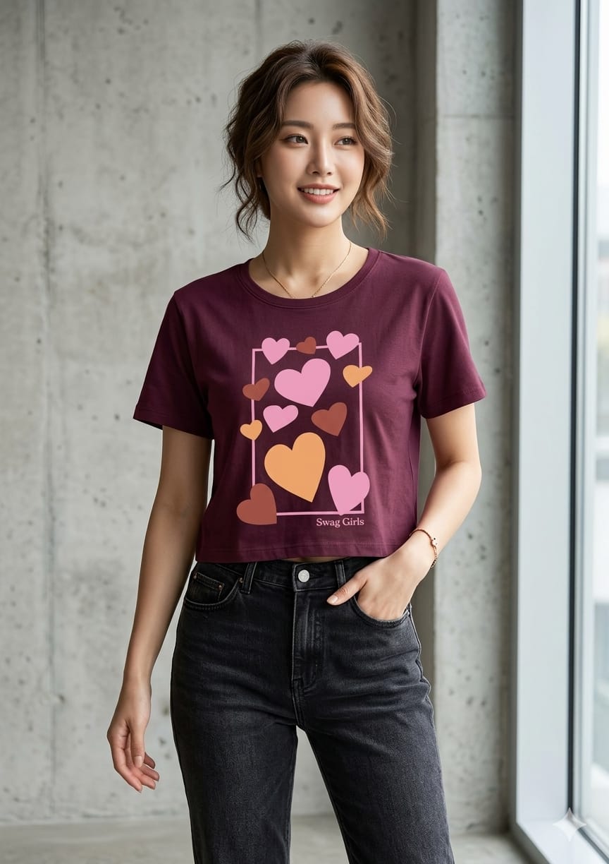 Swag Girls Heart Print Crop Tee Top Set Maroon 2 Pcs