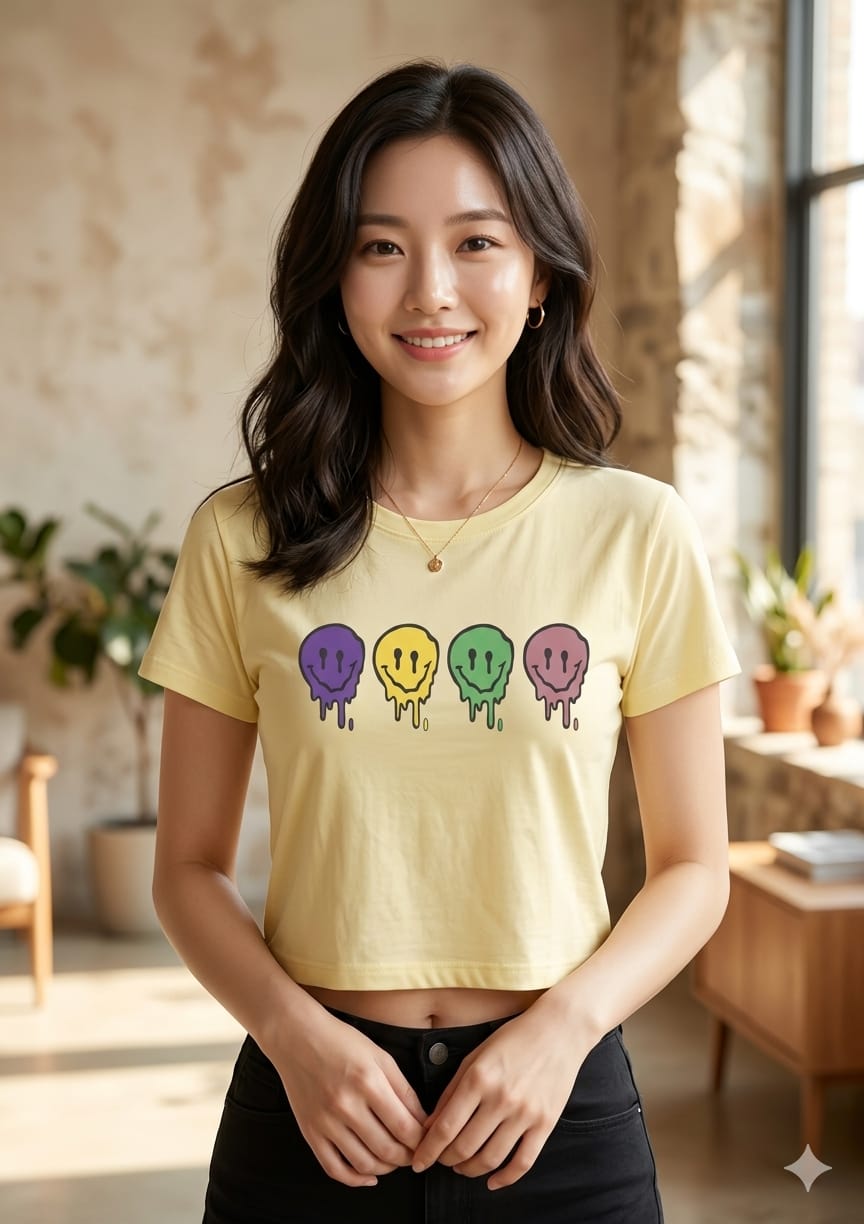 Sunlight Yellow Graphic Crop Top Set for Women Casual Wear Sunlight Yellow Graphic Crop Top Set for Women Casual Wear