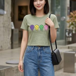 Olive Green Graphic Crop Top Set for Women Casual Wear