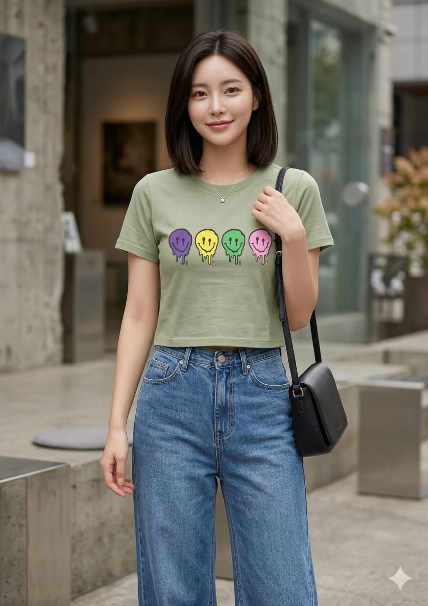 Olive Green Graphic Crop Top Set for Women Casual Wear Olive Green Graphic Crop Top Set for Women Casual Wear