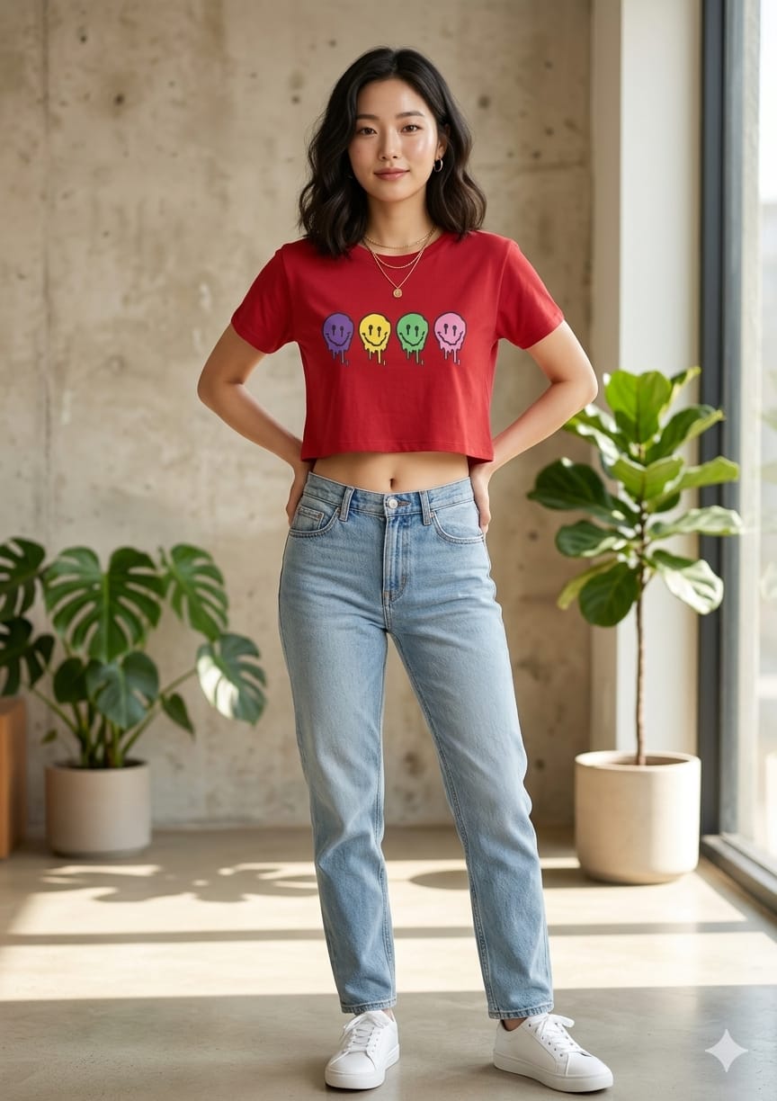 Red Graphic Crop Top Set for Women Casual Wear Red Graphic Crop Top Set for Women Casual Wear