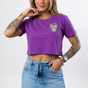 Women's Floral Skull Print Crop T-Shirt Purple 2 Pcs
